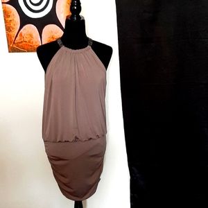 F21 taupe tie neck halter dress w/rhinestones